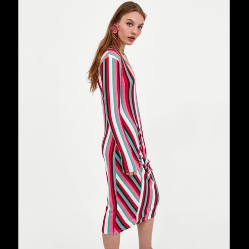 Zara Striped Midi Dress With Gathered Detail